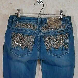 Miss Me Signature Boot Jeans Sequin Rhinestone Pockets Silver Label Sz28/29 NWOT